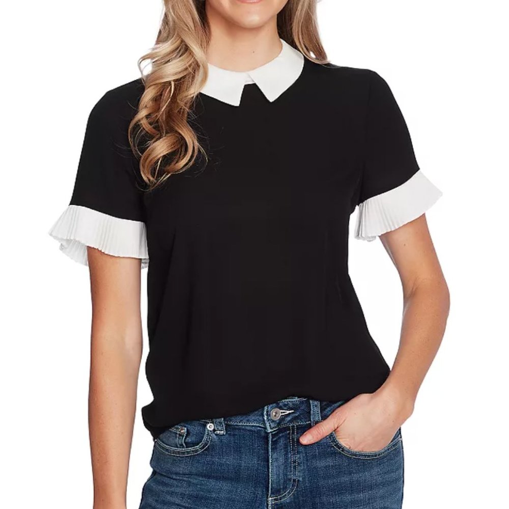 CECE Color Blocked Collared Blouse